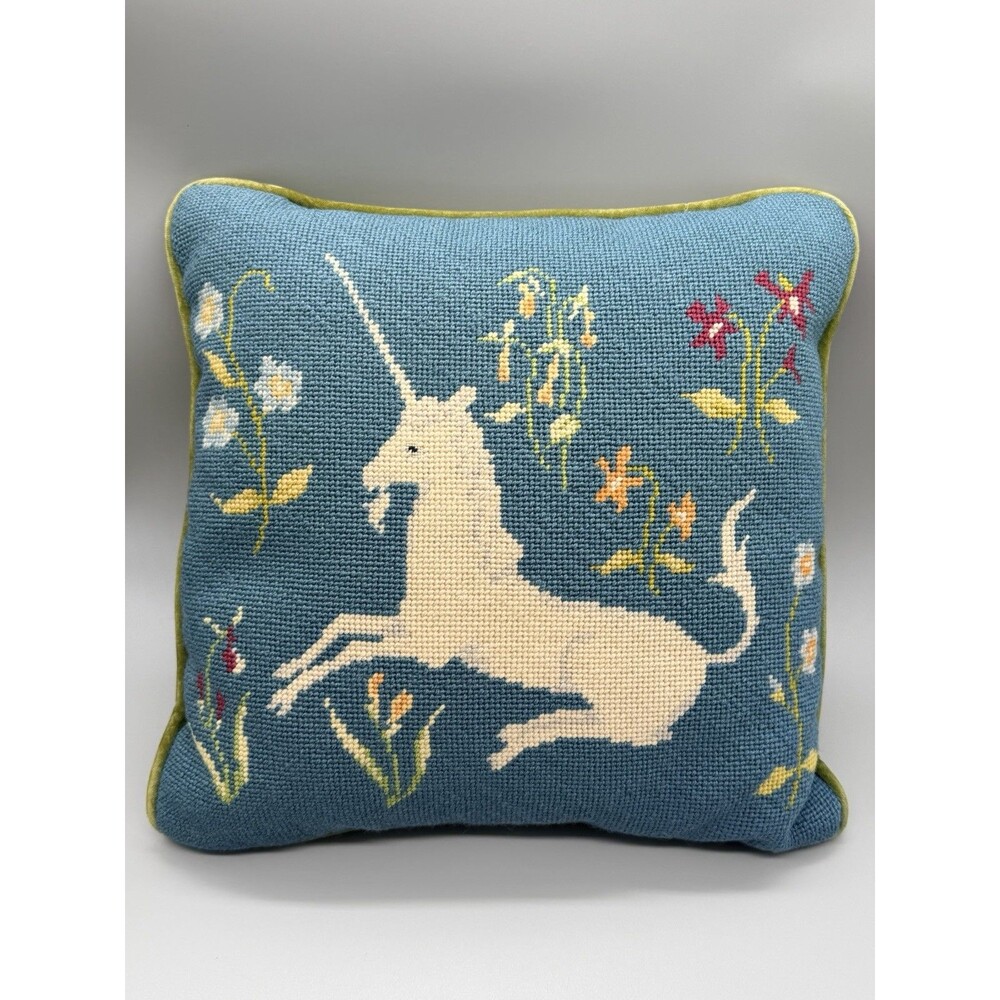 VTG Needlepoint Unicorn Pillow Medieval Millefleurs Tapestry Velvet 16x16 Rare